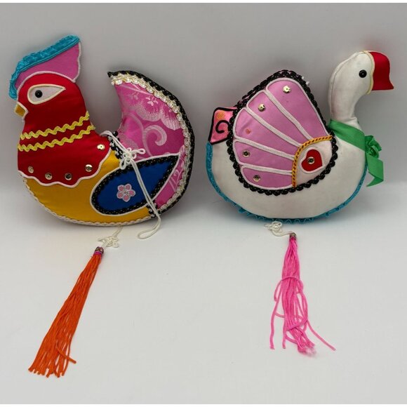 Colorful Fabric Bird Christmas Ornaments Set of 2 Satin Rooster White Swan - Picture 2 of 13